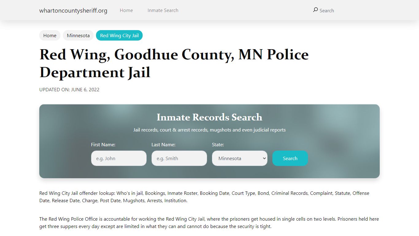 Red Wing, Goodhue County, MN Police Department Jail